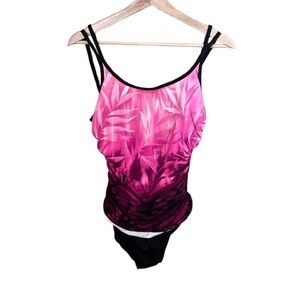 Miraclesuit Black & Pink Leaf One Piece Swimsuit Double Strap Size 12 •Pilling•